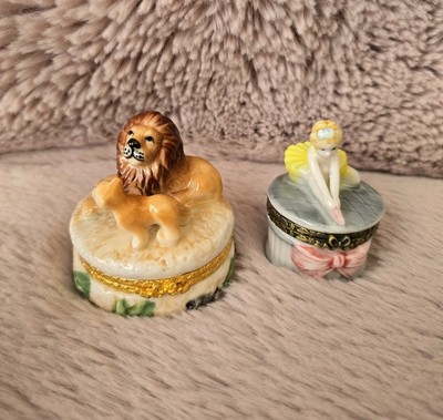 My Hinged Box by Herco BALLERINA & LION Set Porcelain Collectible Trinket Boxes