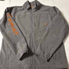 Ariat Full Zip Soft Shell Jacket Gray Brand Spell Out On Sleeve Sz LARGE