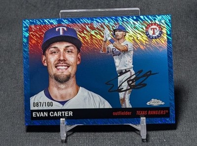 Evan Carter Blue Shimmer Refractor /100 2025 Topps Chrome Platinum #198 Rangers