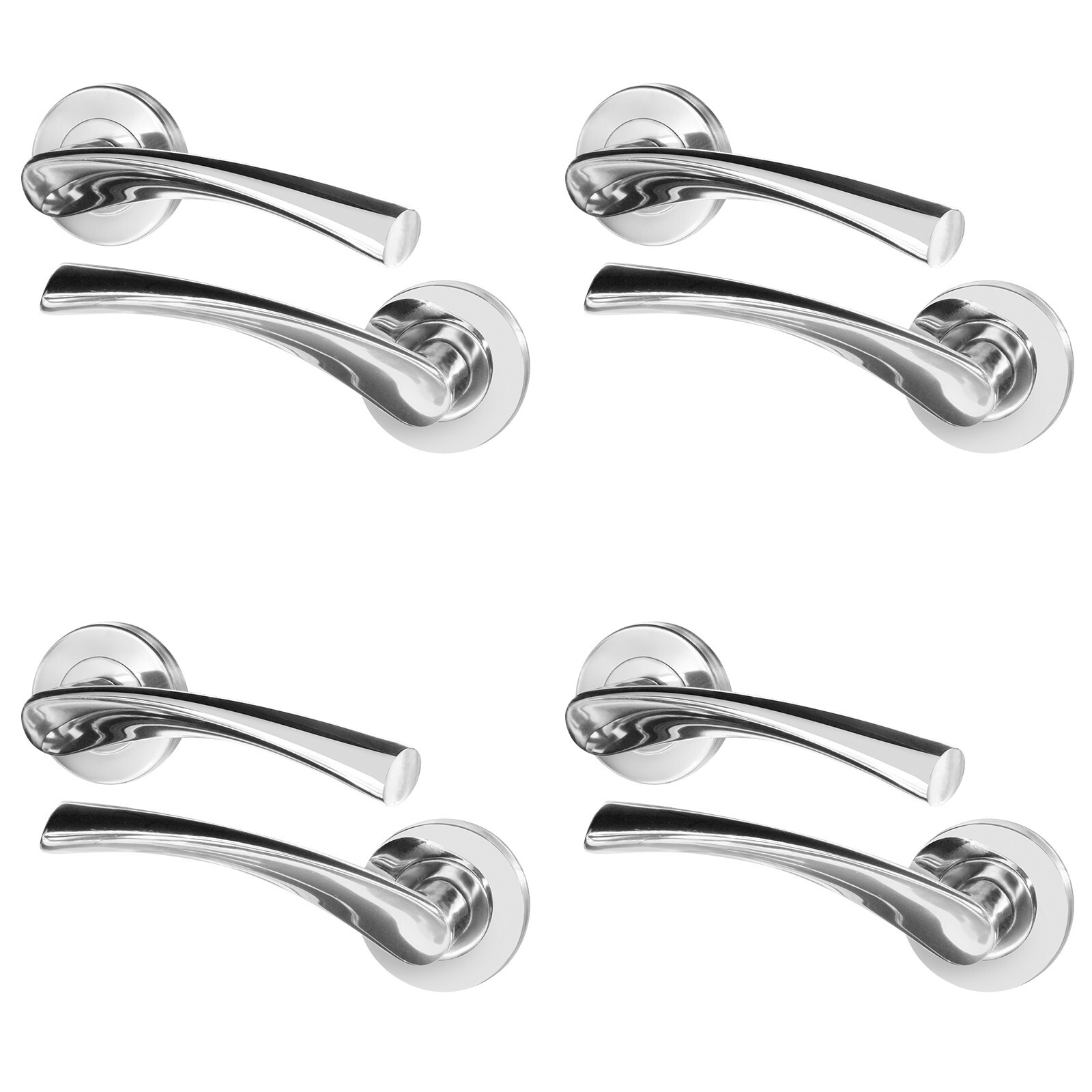 Polished Chrome Internal Door Handle, 4 Pair Lever on Rose Round Curved Handles