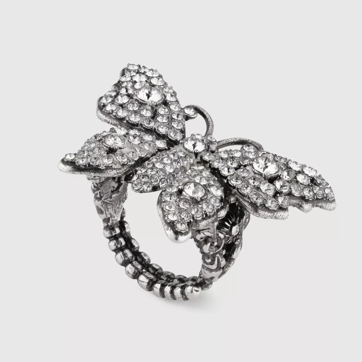 New Gucci Aged Silver Crystal Butterfly Ring 16 M 503932 8162