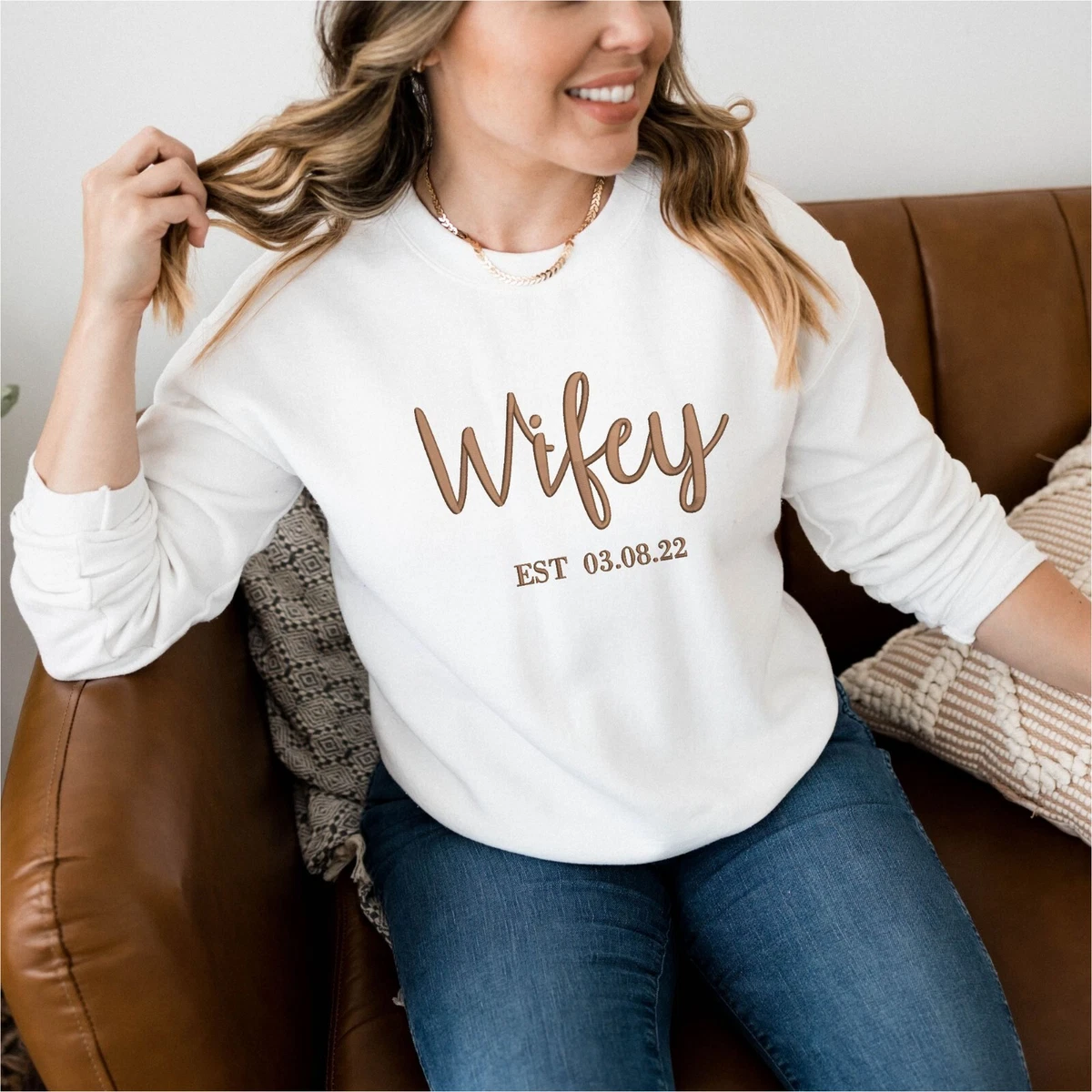 Embroidered Wifey Jumper Bride Sweatshirt Wedding Date Custom Mr