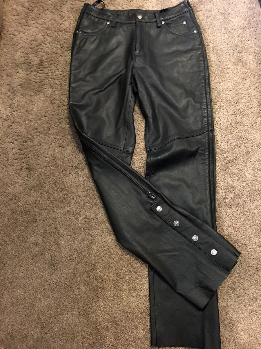 Womens Harley Davidson Full Zip Black Leather Motorcycle Pants Size 36 / 8