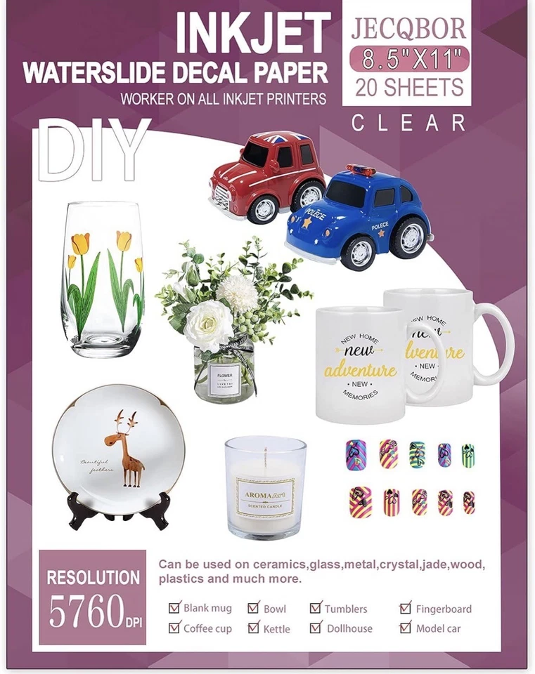 Waterslide Decal Paper Inkjet CLEAR 20 Sheets 8.5x11 Water Slide Transfer Paper - Image 1 of 4