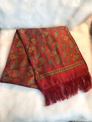 Dion Maroon Silk Scarf Italian Blue Gold Paisley Fringe 12/60'' Elegant    D