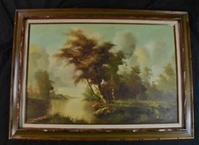 Vtg. Harlock Oil on Canvas Framed Painting Forest Stream Landscape, 32" x 43.5"