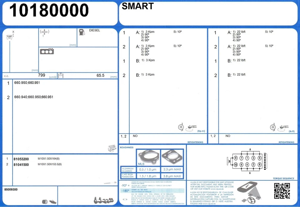 Full Engine Gasket Set SMART FORTWO COUPE CDI 799cc 45 660.950 (2006-/2007) - Изображение 2 из 2