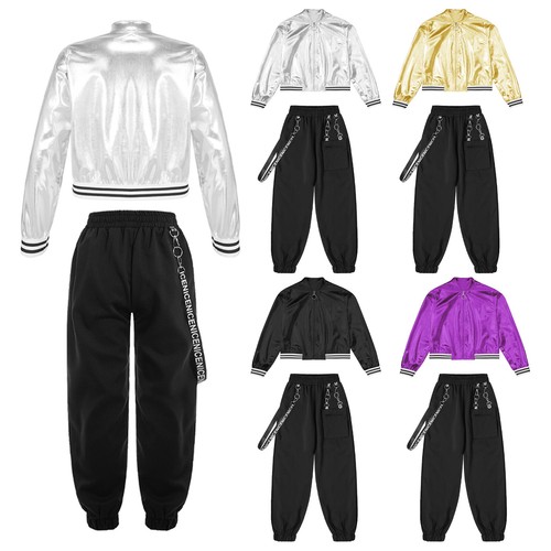 Children Girls Outfit Elastic Waistband Tracksuit Stand Collar Set Metallic - Picture 2 of 36