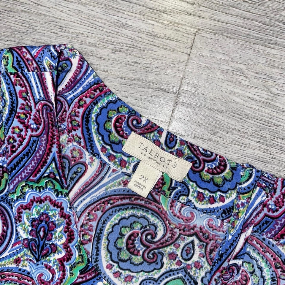 Talbots женская рубашка 2 X плюс блузка пейсли синий фиолетовый зеленый топ без рукавов - Изображение 3 из 4