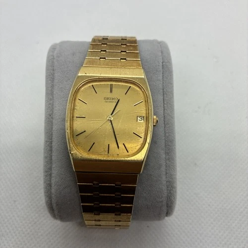 Seiko Tank Watch Men 28mm Gold Dial Gold Tone Rectangle 6532-5119 New Battery