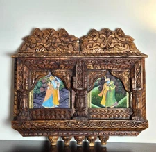Radhe Krishna  Wooen Double Frame Jharokha Wall Hanging Home Temple Room Altar