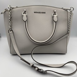 Michael Kors Ellis Large Leather Satchel Purse Pearl Grey