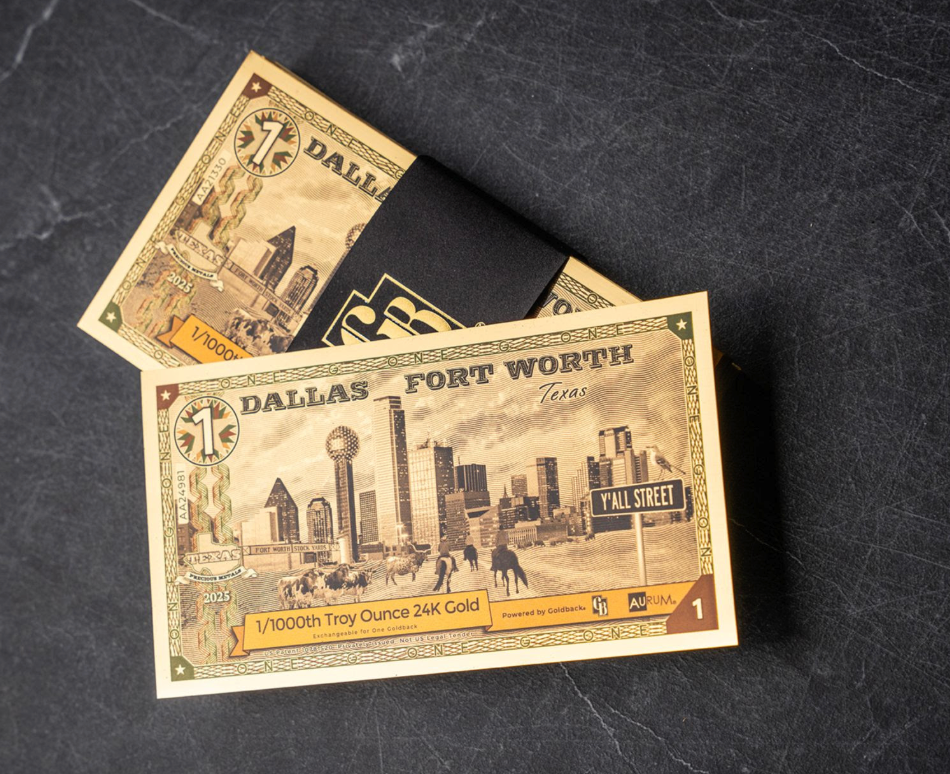 1 DALLAS FORT WORTH Goldback Aurum Gold Foil Note 1/1000 oz 24kt