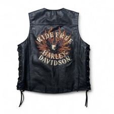 Harley Davidson Vintage Y2K Ride Free Flame Eagle Black Leather Biker Vest Med