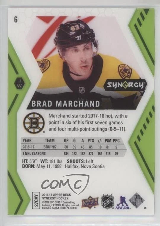 2017-18 Upper Deck Synergy Green Brad Marchand #6 - Image 2 of 2