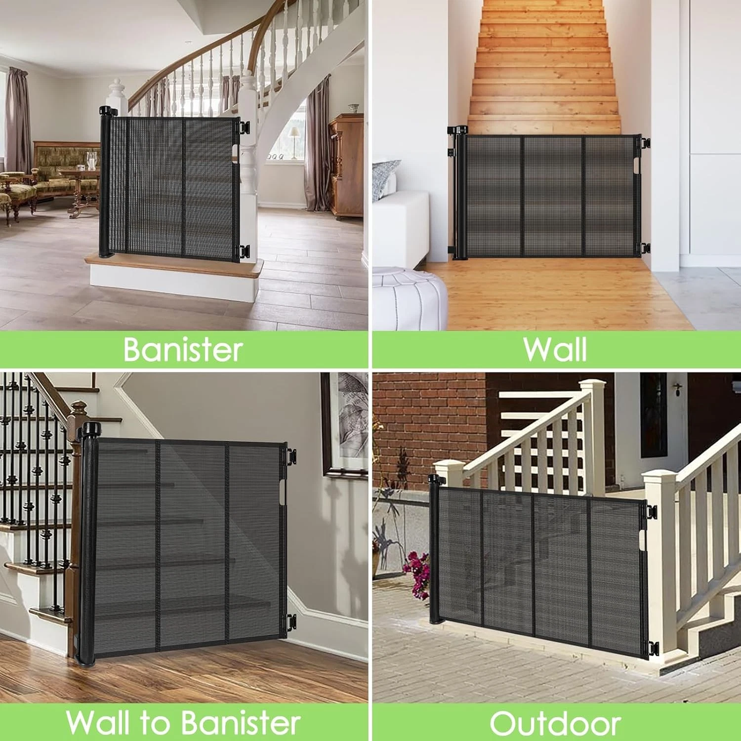 Reinforced Retractable Baby Gate for Stairs with Support Rods, 33" Tall, Extends