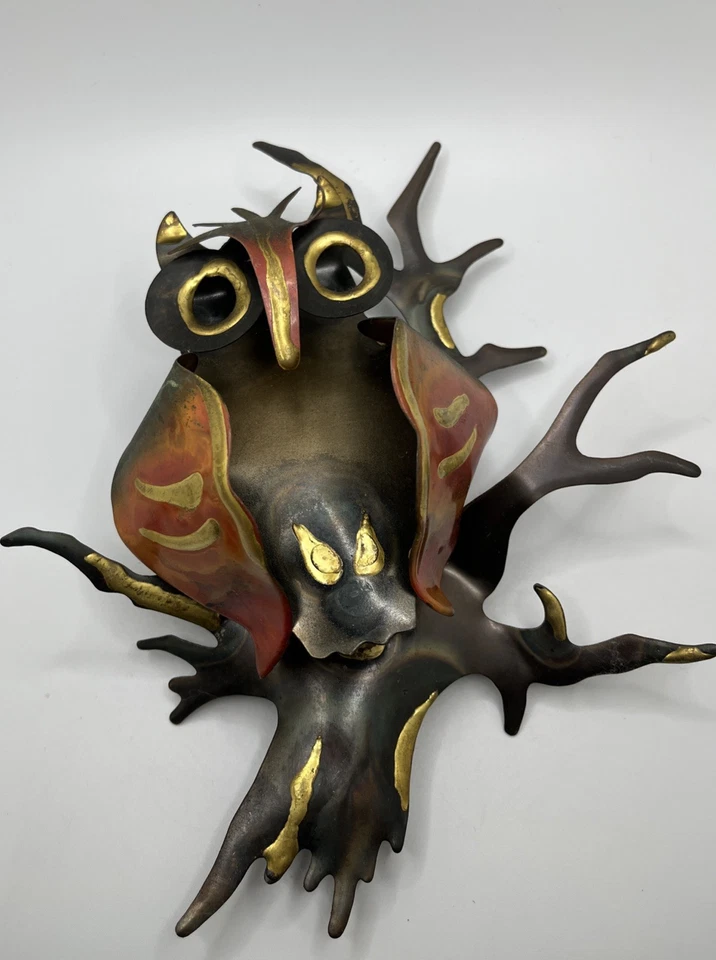 "Búho de metal en rama arte de pared colgante escultura tono cobre y decoración de latón 10""" Foto 2 de 4