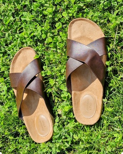 Abercrombie & Fitch men's Crossover Cork Slides faux leather flip flops US 11 - Picture 4 of 11