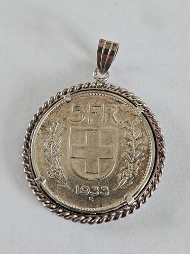 Switzerland Five 5 Francs 835 / 800 Fine Silver Coin sterling Pendant