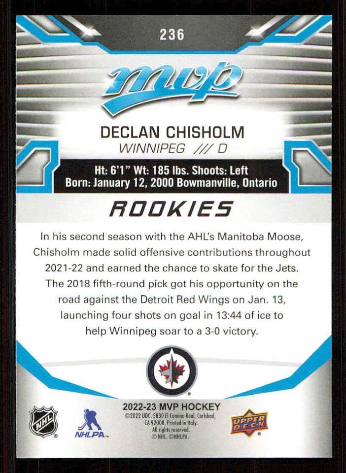 2022-23 Upper Deck MVP #236 Declan Chisholm SP RC - Image 2 of 2