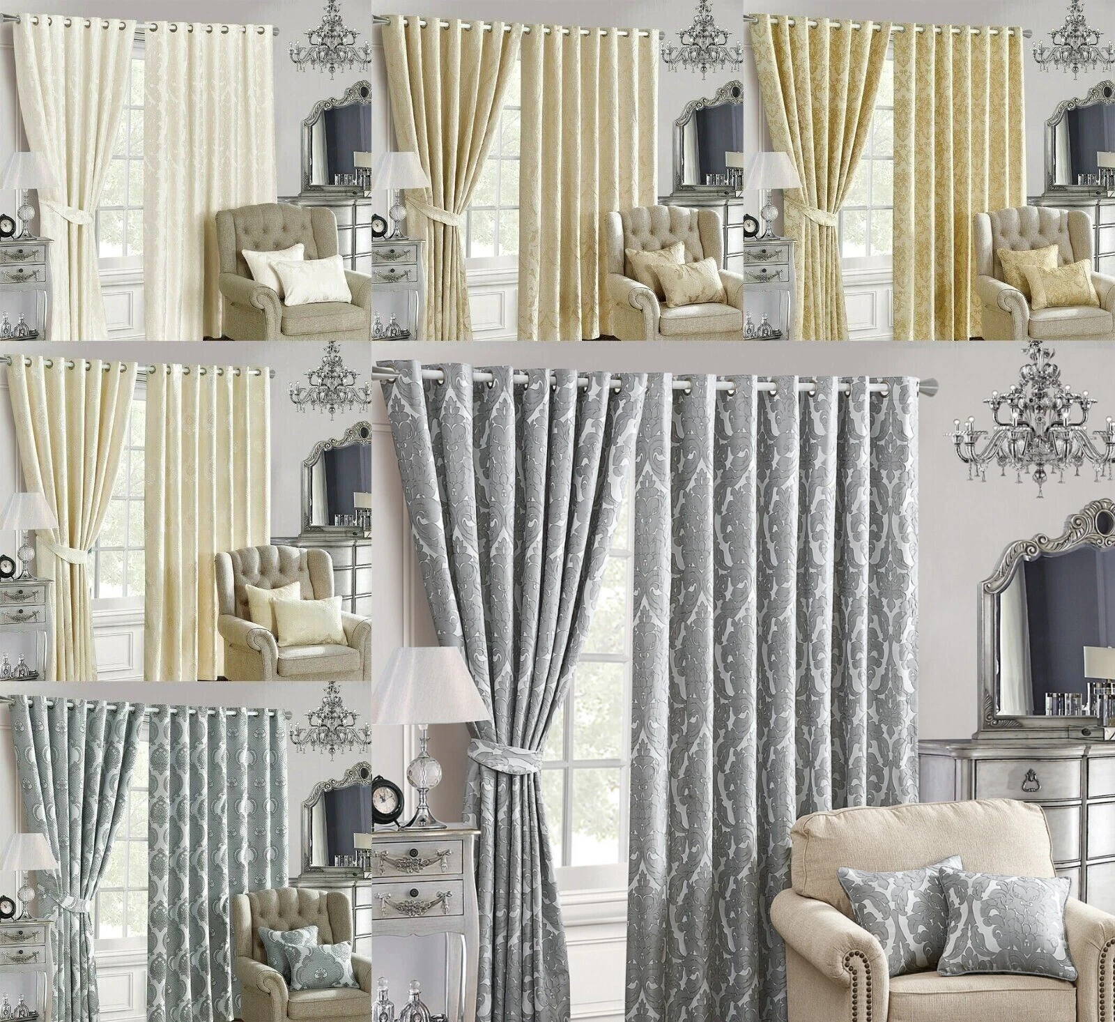 "Premium Jacquard Ring Top Eyelet 90x90 Curtains Panels with TieBack Fully Lined