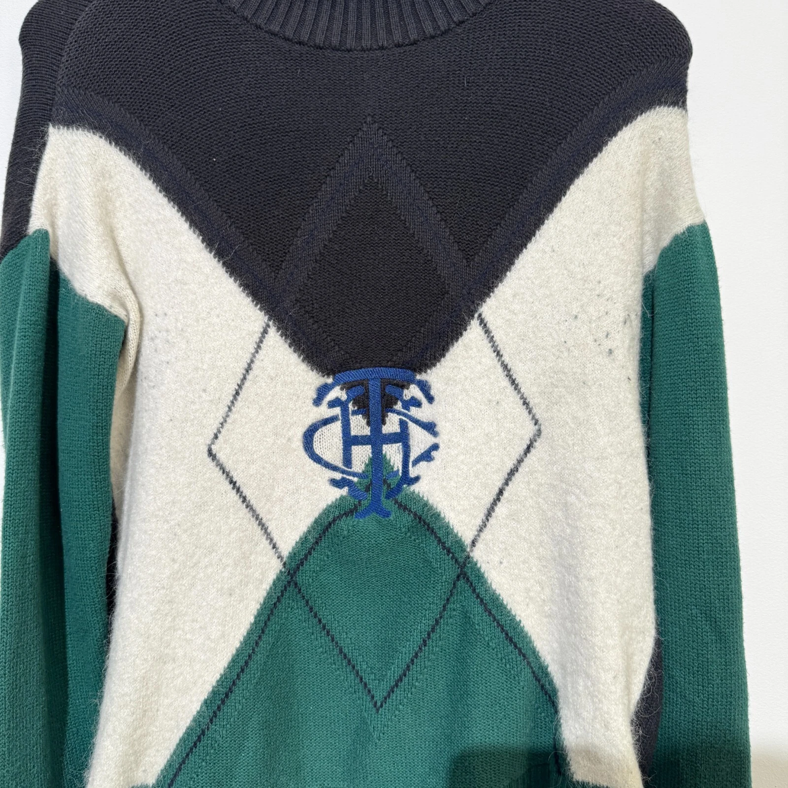 GUCCI Maglione vintage Tommy Hilfiger unisex verde nero bianco cotone taglia S astratto 9