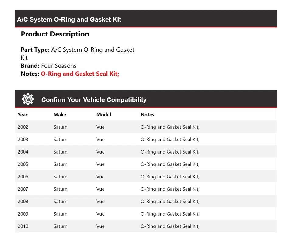 Комплект уплотнительных колец и прокладок для системы кондиционирования Saturn Vue 2002-2010 годов выпуска 4 сезона 2003 2004 - Изображение 2 из 4