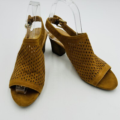 Franco Sarto Laser Cut Open Toe Sandal Size 7.5 M Monaco2 Camel Brown Suede