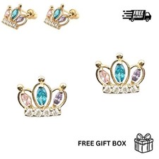 14K Solid Yellow Gold Crown Screw Back CZ Stud Earrings