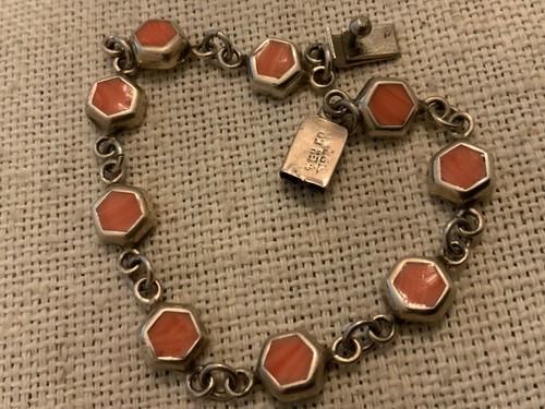 Pink salmon Coral bracelet geometric sterling silver 925 southwest Vintage - Picture 5 of 11