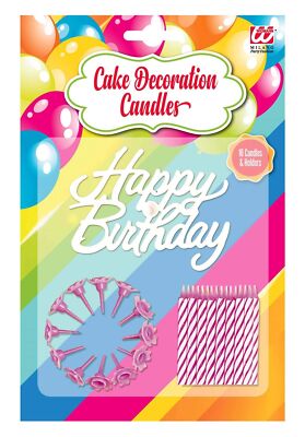 Widmann: 16er Set Kerzen Tortendeko Happy Birthday mit rosa Halterungen -