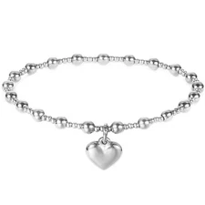 Stainless Steel Beaded Chain Heart Charm Wedding Statement Party Bracelet (Silve