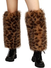 Womens Faux Fur Leg Warmers Winter Furry Fluffy Leopard Print Long Boots Cuff...