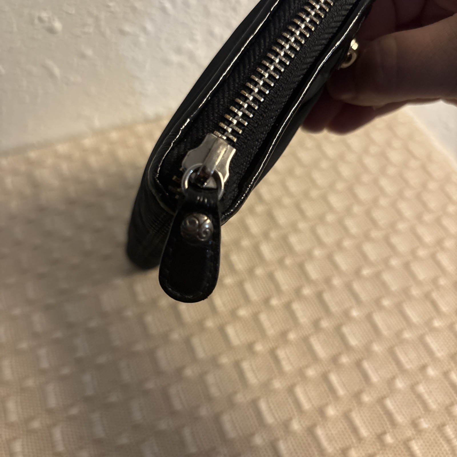 Vintage Black Cloth Leather BRIGHTON Zip-Around Wallet Silver Tone Hardware