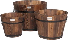 VINGLI 3 PCS Large Wooden Planter Barrel Set, 11.5"(Dia)- 18"(Dia) Real Wood Ind