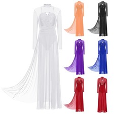 Women Dress Leotard Dancewear Performance Skirt Long Sleeve Lyrical Flowy Dance