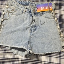 SHEIN Light Blue Denim Cut Off Shorts Chain Accent Size 27 Cotton Pockets
