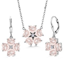 925 Sterling Silver Rose Rose Quartz and Zirconia Pendant Earrings Jewelry Set