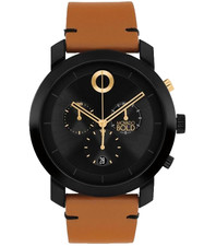 MOVADO BOLD CHRONOGRAPH 3601359 BLACK DIAL COGNAC LEATHER STRAP 44MM MENS WATCH