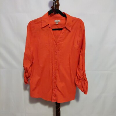 NWOT White Stag women's L shirt orange collar v-neck button up adj. long sleeve