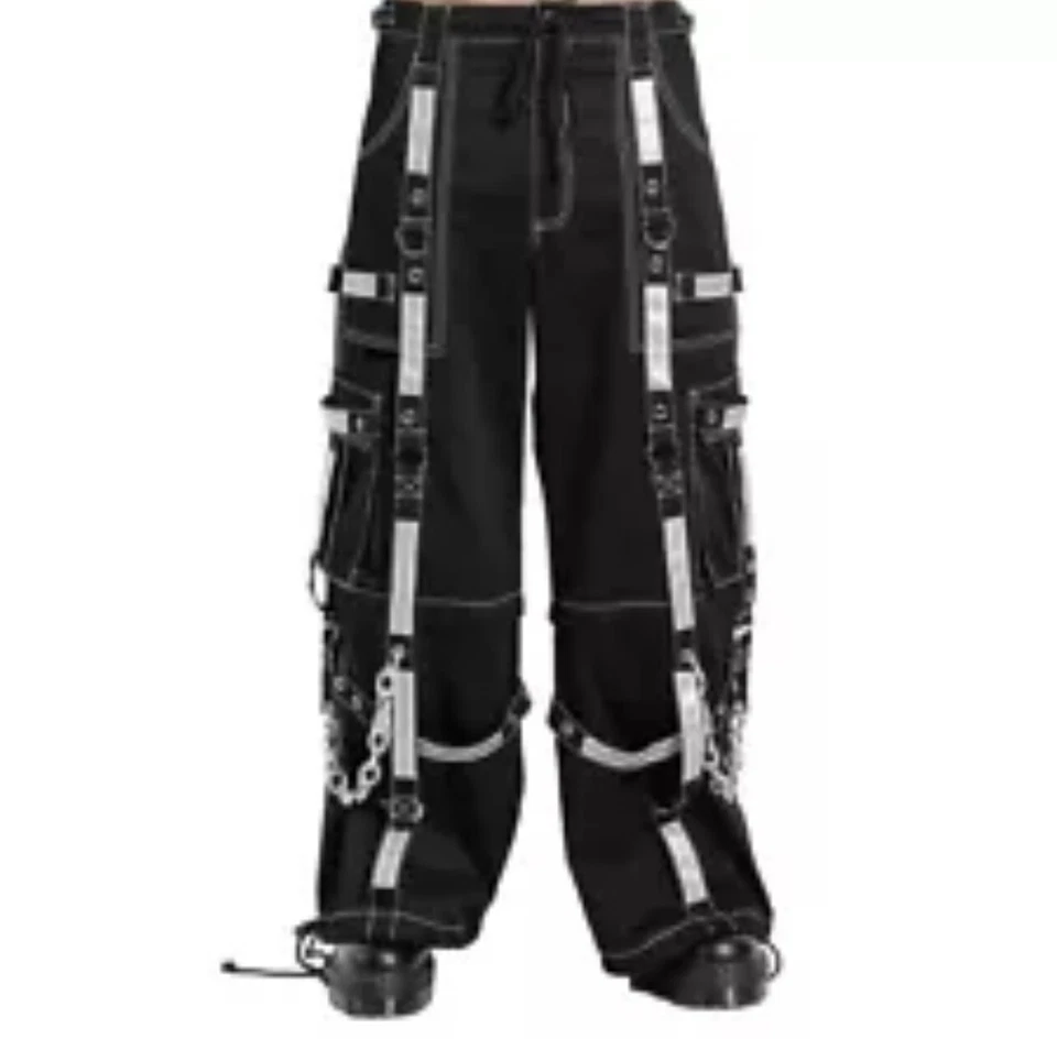 Men Black Tripp Pant Punk Rock Gothic Style Trouser with White Straps 100%cotton - Image 2 of 4