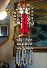 Vintage pressed glass ruby Brass Swag hanging lamp chandelier crystal drops