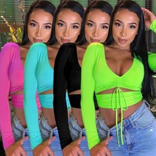 Women's Sexy Tie Up Ruched Crop Tops Casual V Neck Long Sleeve Cut Out T Shirts