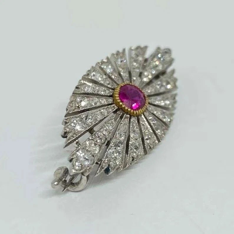 1.25TCW Pink Cushion Ruby & White Round Sapphire Gemstone Brooch For Women's - Image 3 of 4