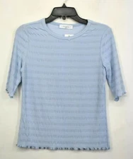 Elodie Womens Blue Solid Scoop Neck Lettuce Trim Elbow Sleeve Ribbed Knit Top M