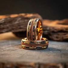 Meteorite Gold Leaf x Guitar String Tungsten Carbide Wedding Band Men's Ring