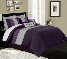 8-Piece Luxury Pleated Bedding Purple Lavender Gray Striped Comforter Set