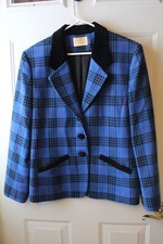 VTG PENDLETON WOOL USA BLUE TARTAN PLAID BLAZER JACKET VELVET COLLAR TAG SZ 14