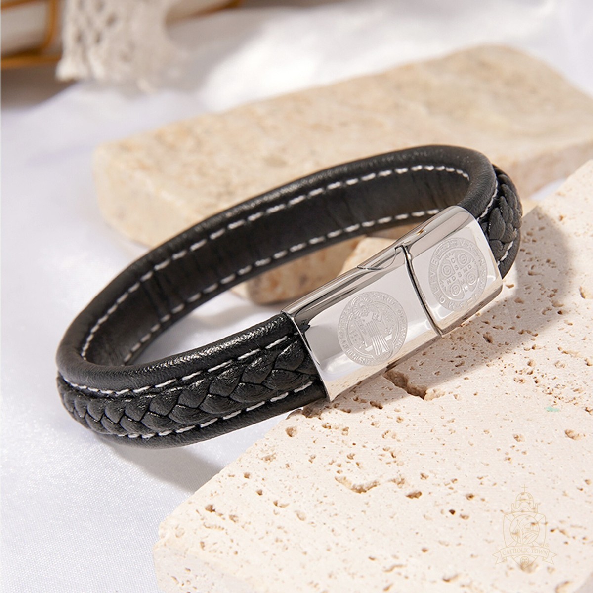 Catholic Town religious leather Bracelet with Stainless Steel St