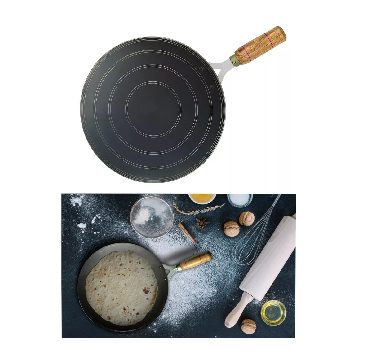 Iron Tawa Tava Crepe Pancake Pan Chapati Roti Concave Wooden